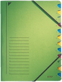 Ordnungsmappe 12 Fächer grün Leitz mit 2 Gummizügen für DIN-A4-Unterlagen